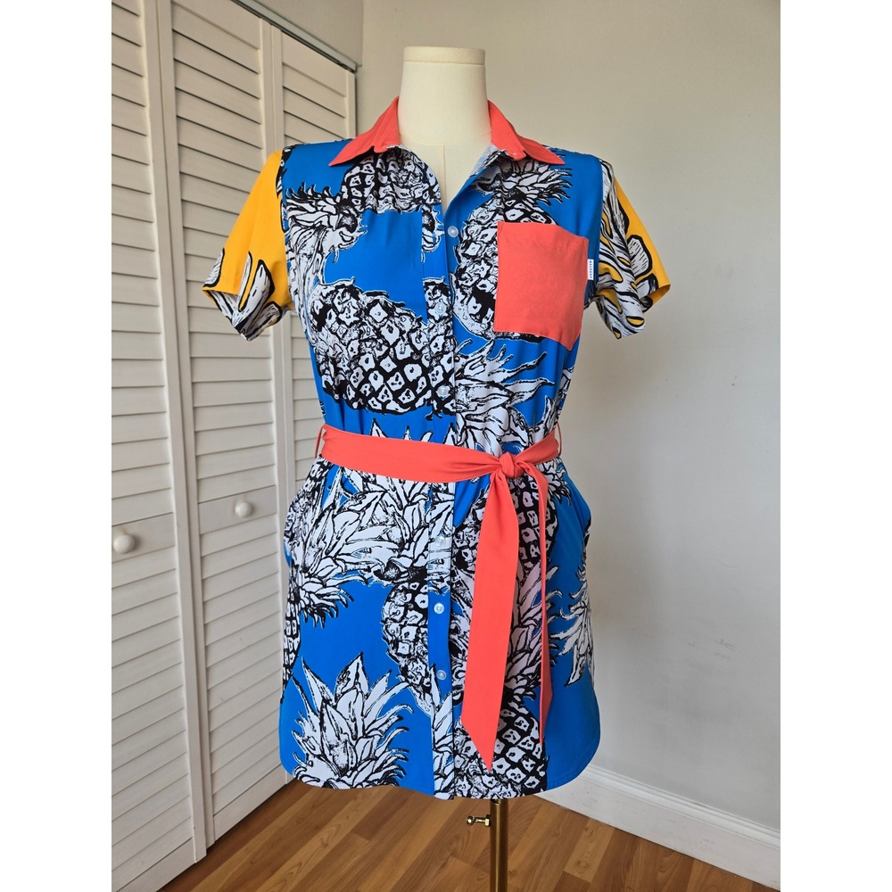Mavrans Multicolor Pineapple Tropical Shirt Dress Size M Dopamine Resort Coastal